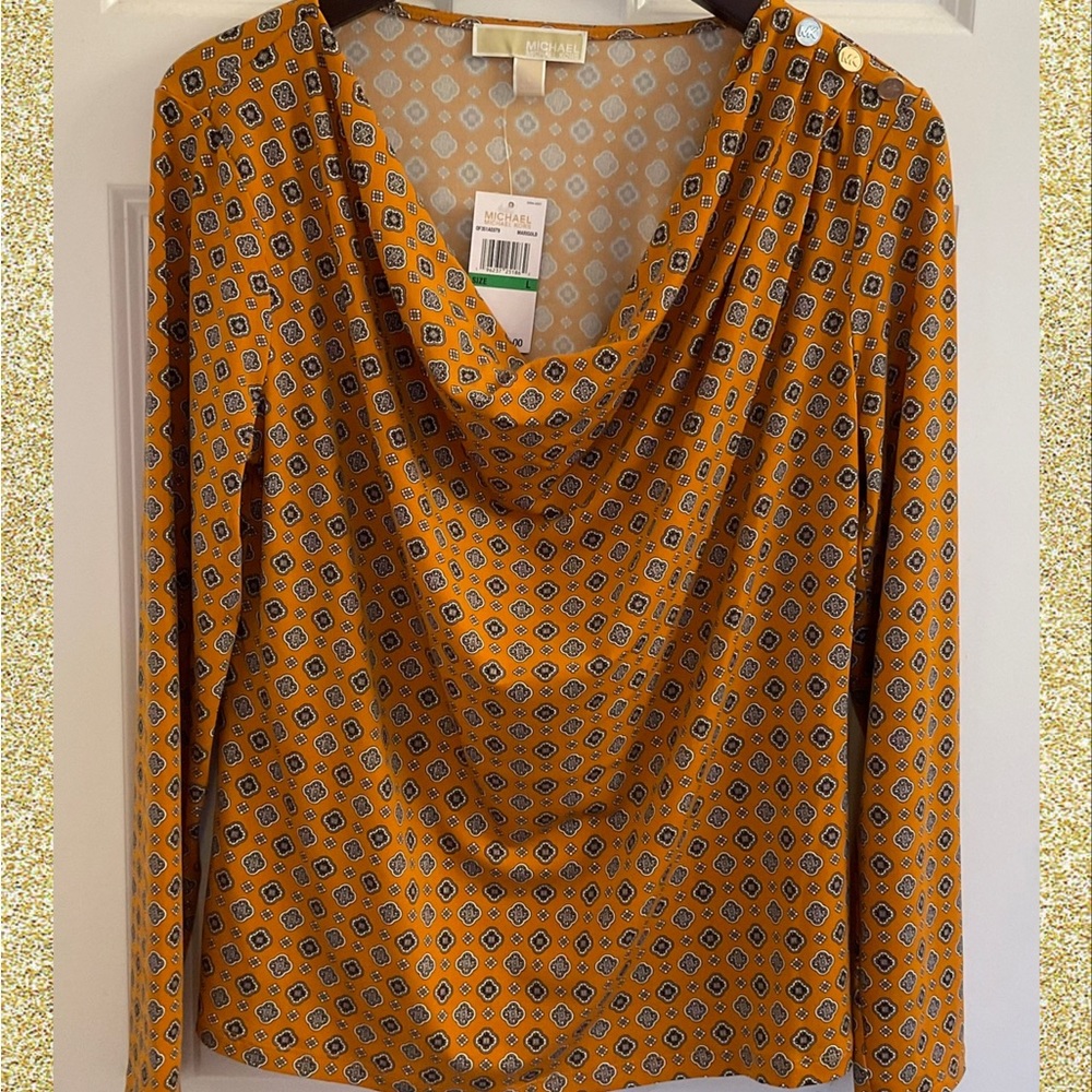 MICHAEL Michael Kors Marigold Printed Drape Neck Top- NWT - Size Large